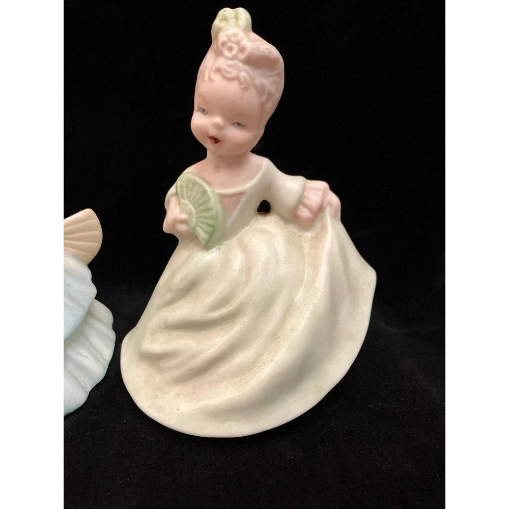 VTG 1960s Mallory Ceramic Figurine Set 2 Blue & Yellow Southern Belle Hand Fans